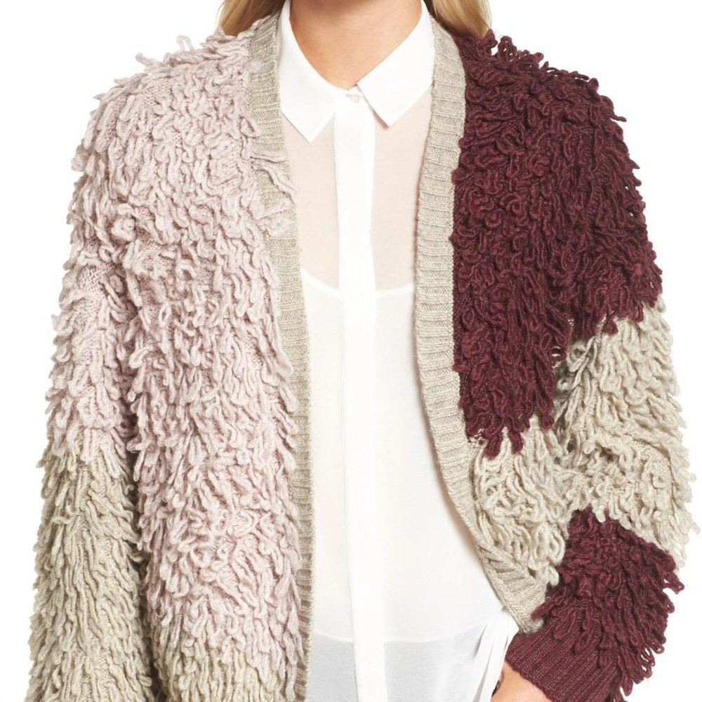 Chelsea28 Loopy Colorblock Cardigan Sweater XS Alpaca Blend Burgundy Cozy